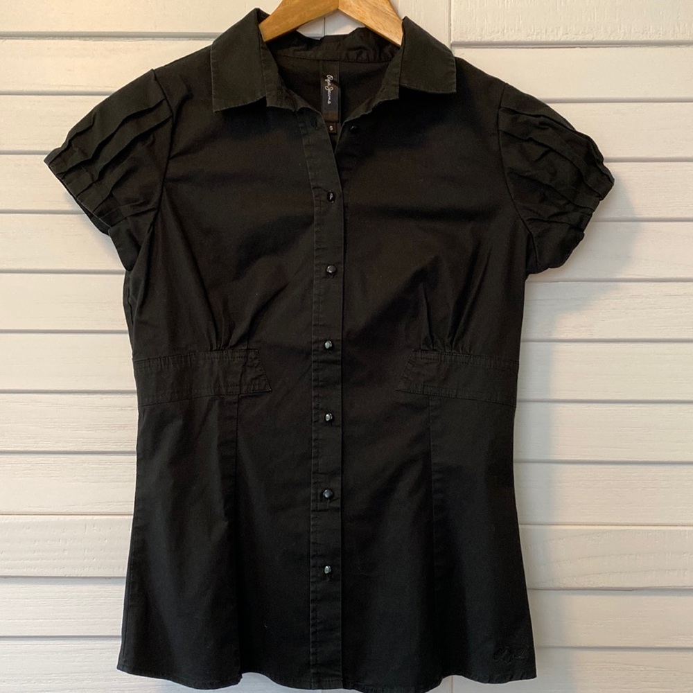Pepe black button down short sleeve blouse